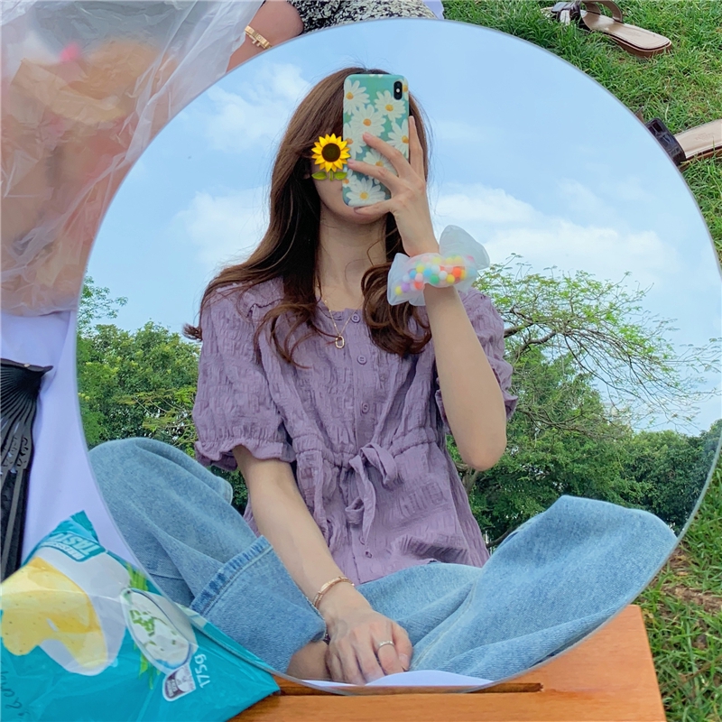 Áo bánh bèo áo kiểu nữ tiểu thư tay ngắn cổ tròn màu tím chất đẹp điệu đà sang chảnh thời trang 2020 | BigBuy360 - bigbuy360.vn