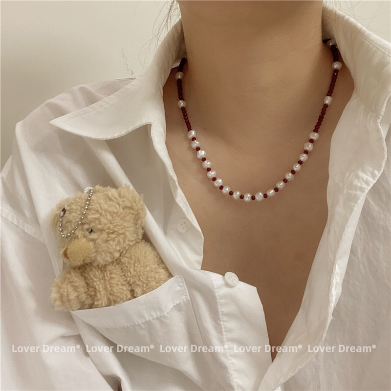 Dây Chuyền Ngọc Trai Màu Đen Đỏ Phong Cách Hàn Quốc 19A1302