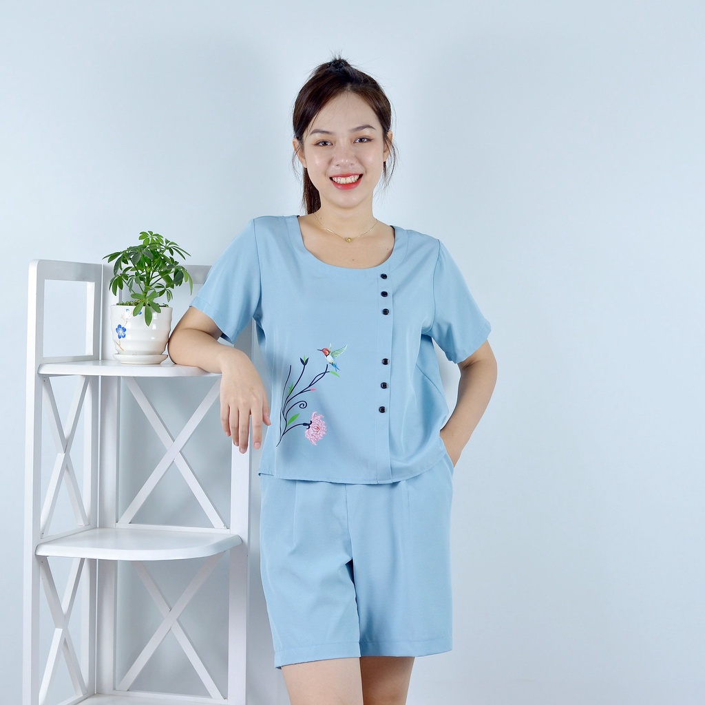 Bộ đồ nữ MÀU XÁM XANH IN HOA THÚ ĐIỂM NHẤN HÀNG NÚT   - vải lụa cao cấp - Cực Kì Sang Chảnh - Qúy phái