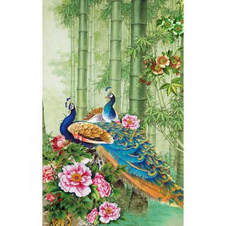 Tranh dán tường HD Đôi chim công bên hàng trúc HUD0568 Kim sa