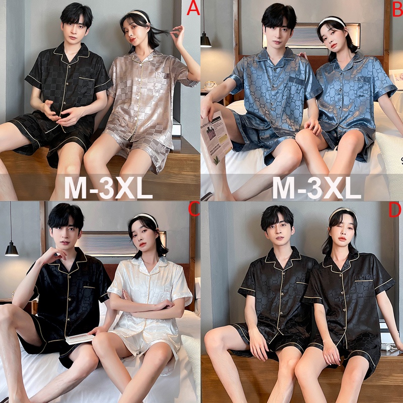 Bộ Đồ Ngủ Ngắn Tay Bằng Lụa Satin Thời Trang Hàn Quốc Cho Nam Nữ