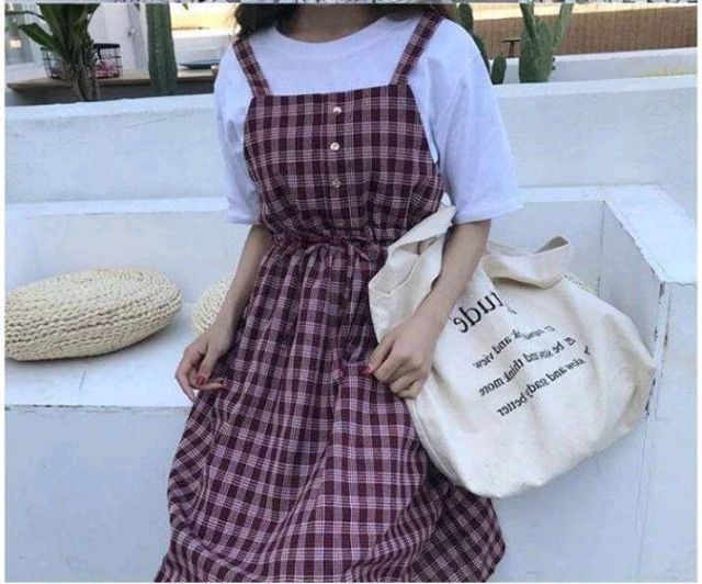 Váy Yếm Kẻ Caro + Croptop Ullzang