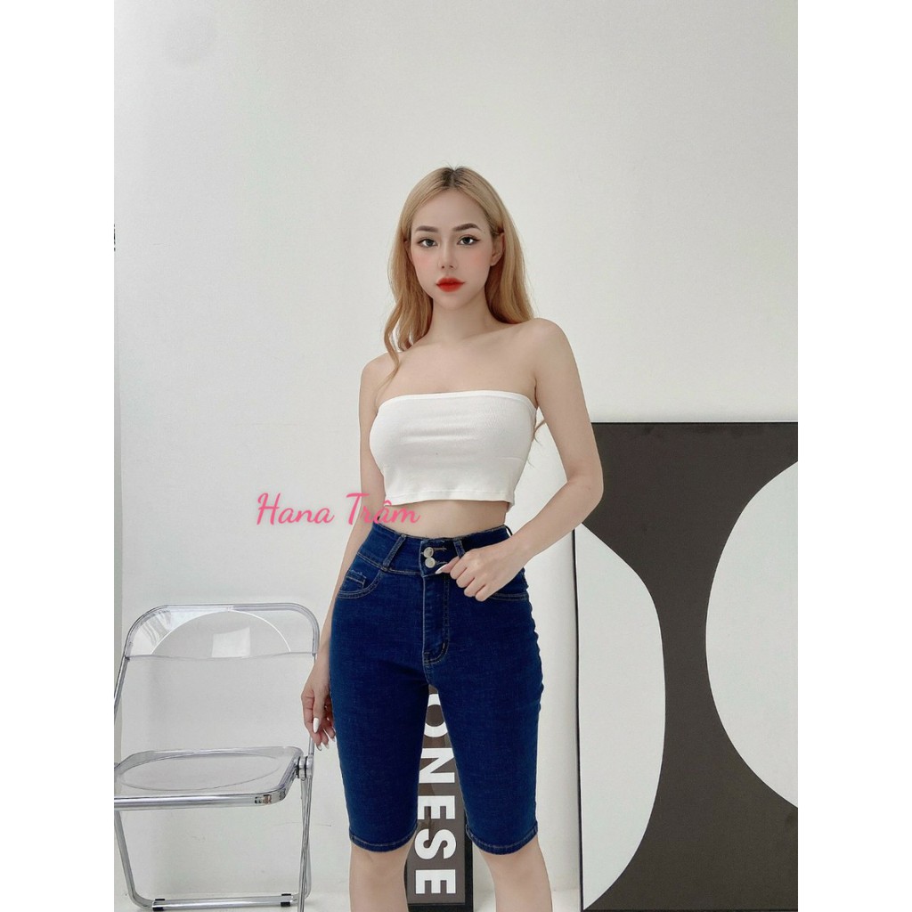 Quần jean lửng gối nữ hàng lưng cao 2 nút co giãn mạnh màu xanh đậm