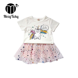 Bộ đồ 2 món áo in hình kỳ lân và váy Tutu cột dây họa tiết hoạt hình cho bé gái