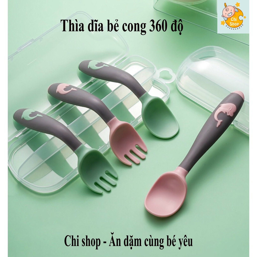 Bộ Thìa Dĩa Silicon Uốn Cong Đa Chiều cho bé tập ăn dặm
