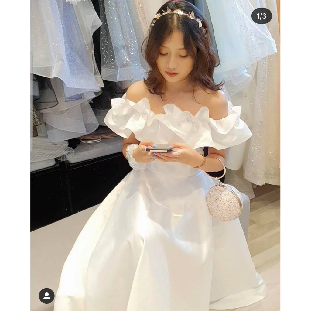 ĐẦM MIDI TRẮNG BẸT VAI NHÚN BÈO | BigBuy360 - bigbuy360.vn