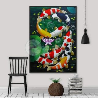 Tranh in canvas 60x90 cá chép hóa rồng kèm khung