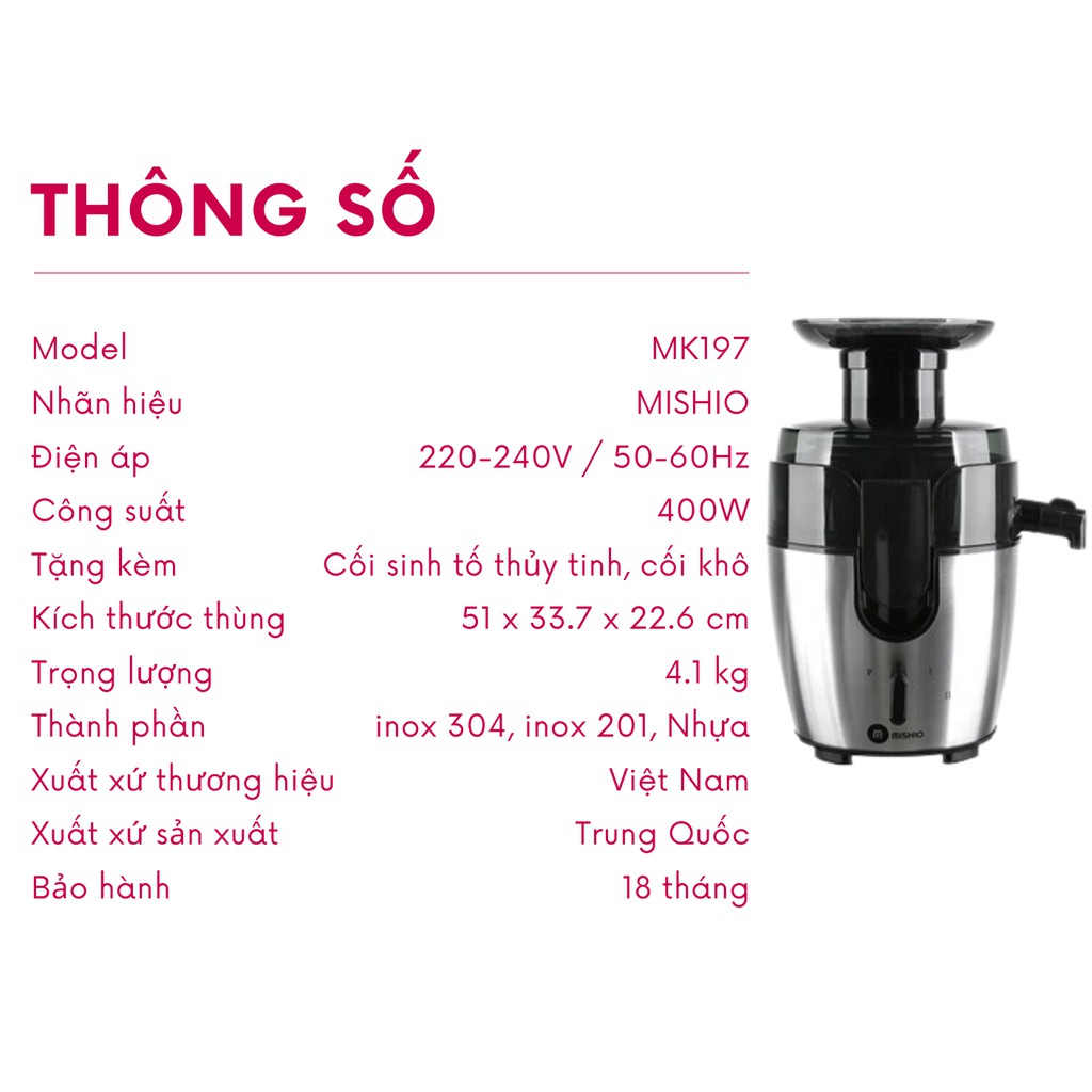 Máy ép trái cây cao cấp Mishio MK197 400W (tặng cối sinh tố + cối xay khô)