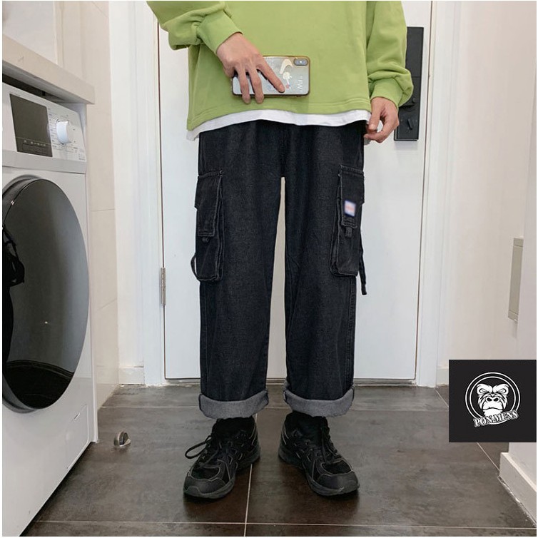 Quần jean túi hộp unisex nam nữ ống rộng màu đen cao cấp 2021 Pon.mens | BigBuy360 - bigbuy360.vn
