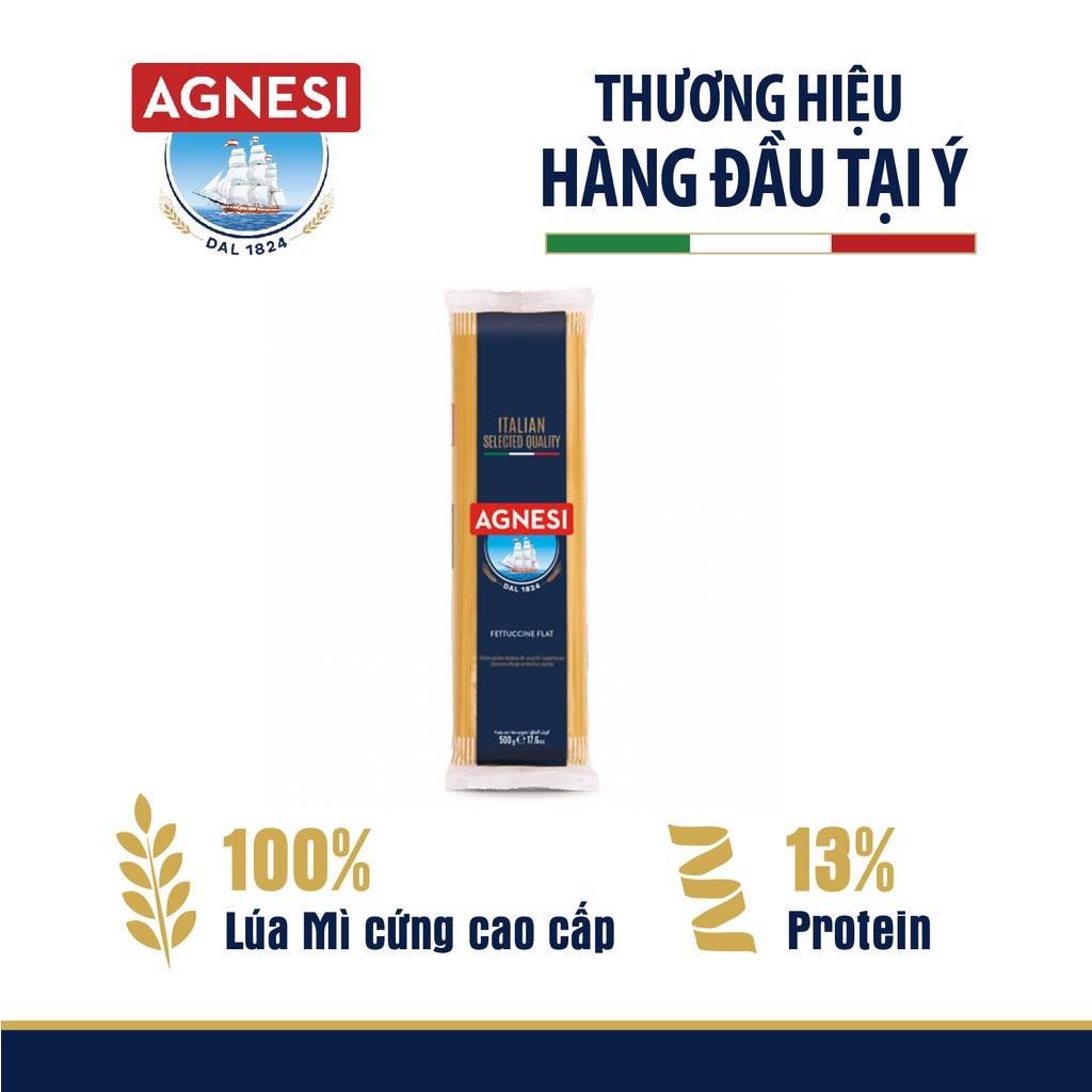 Mì Ý Fettucine Agnesi 500g, dùng lúa mì durum cao cấp giữ sốt, không gãy và dính