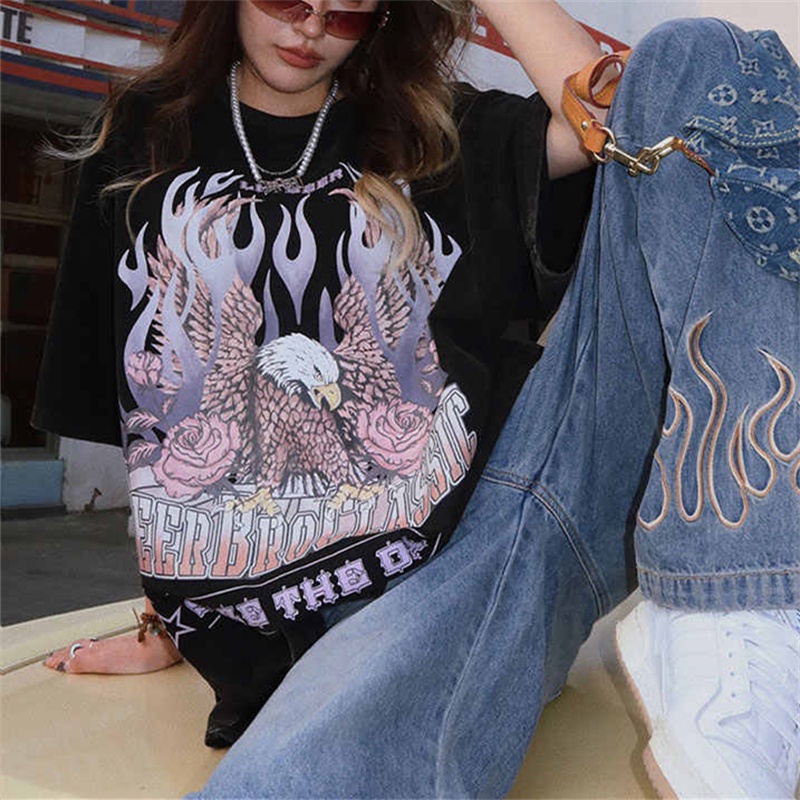 Áo Thun Tay Ngắn Cổ Tròn Plus Size Phong Cách Hip Hop Đường Phố Cho Nam Nữ