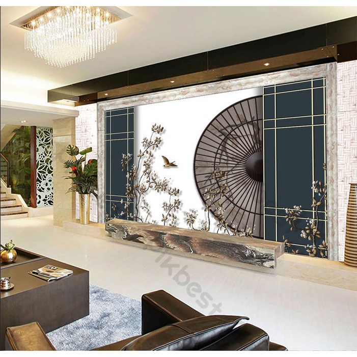 Vòng hoa cổ điển bên cánh quạt, Tranh 3d dán tường hiện đại trang trí phòng khách phòng ngủ(tích hợp sẵn keo) MS1202563