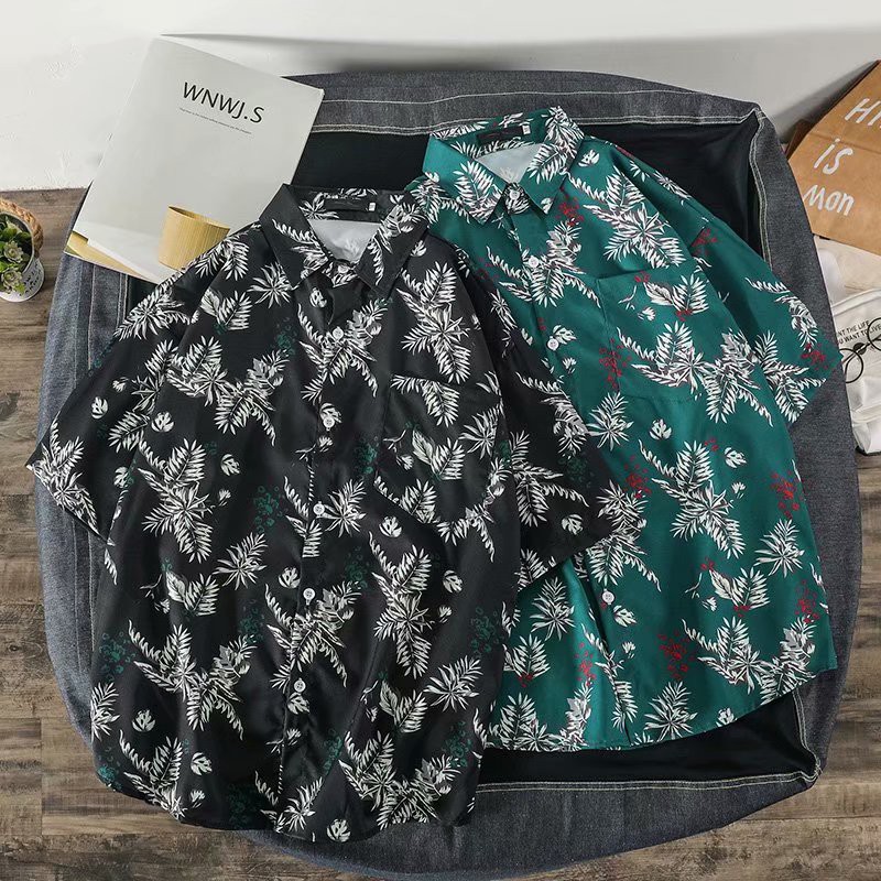 Men's Short Sleeve Shirt With Plant Pattern Print Fashion