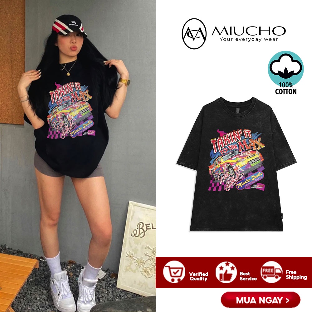 Áo thun wash nữ form rộng đẹp tay lỡ kiểu hàn quốc, áo phông wash form rộng unisex vải cotton AT214 Miucho in hoạ tiết