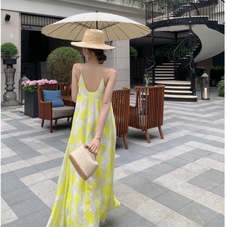 VÁY ĐẦM MAXI 2 DÂY HOA VÀNG TƯƠI MÁT