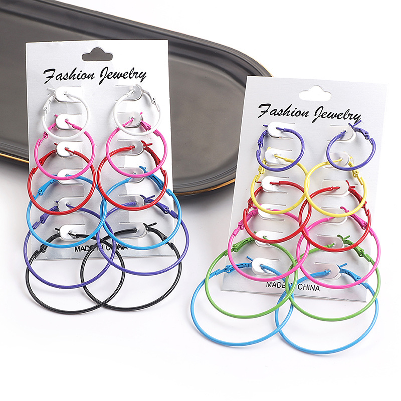 6 pairs set European American new style circle earrings fashion color punk rock earrings personality retro personality