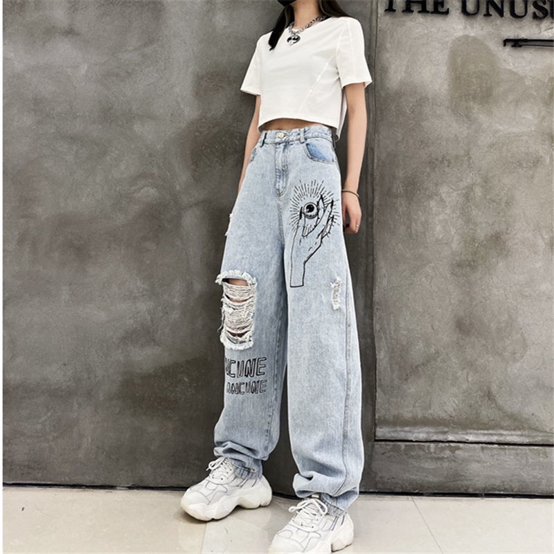 Jiashucheng Quần Jean Dài Lưng Cao Ống Rộng Phối Rách In Họa Tiết Cá Tính