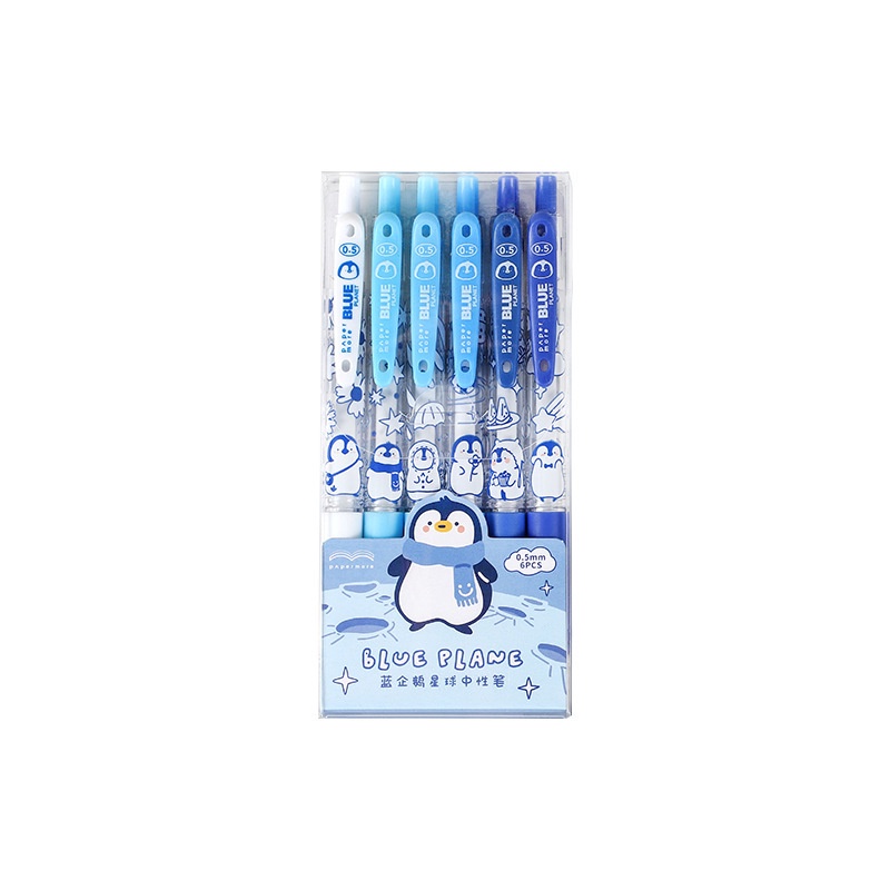 Bút mực Gel 6 màu đen hình chim cánh cụt dễ thương