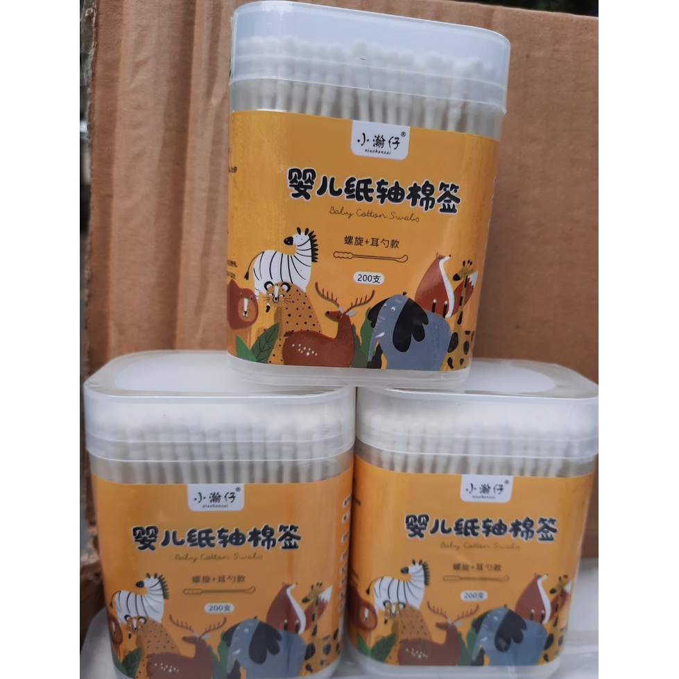 Lốc 12 hộp Tăm bông trẻ em Vcool kháng khuẩn ( 1 hộp 200 que lõi giấy) cho bé sơ sinh ngoáy tai, mũi