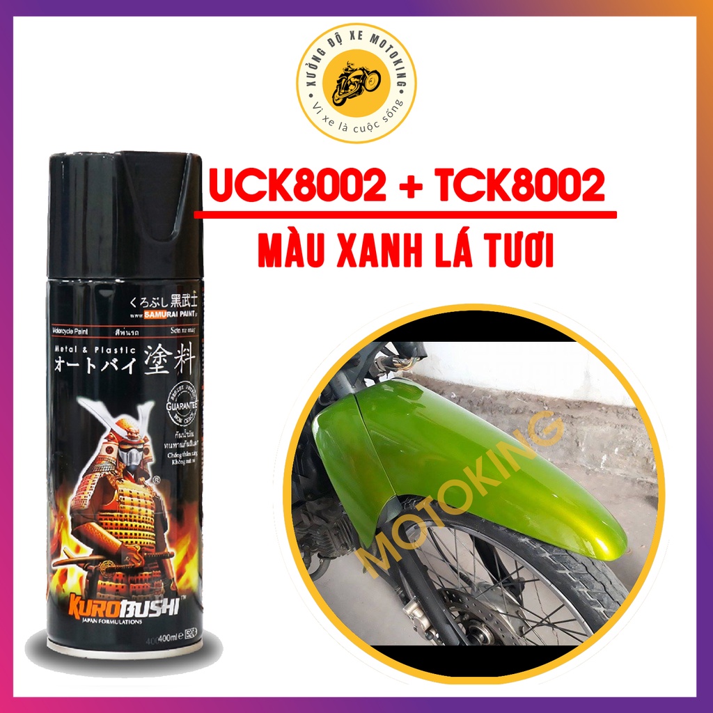 Combo sơn samurai màu xanh lá tươi UC + TCK8002 - dòng sơn xịt màu 2 lớp chuyên dụng dành cho sơn xe máy, ô tô