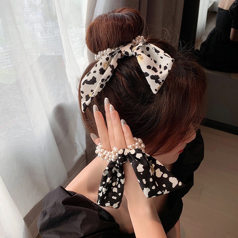 Trang sức vòng đeo tay thời trang ☃✖☸Dây buộc tóc thắt nơ bướm đính ngọc trai thời trang mùa hè 2021 cho bé gái