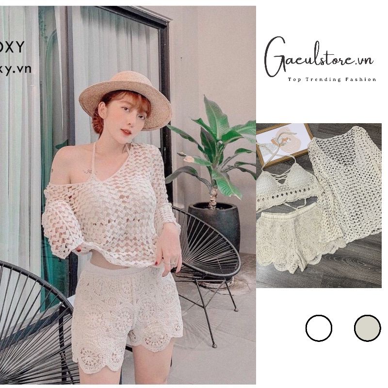 Gaeul store- Set bộ bikini ren đi biển 3 món bra-áo lưới ngoài-quần sóc( CÓ BÁN RỜI)