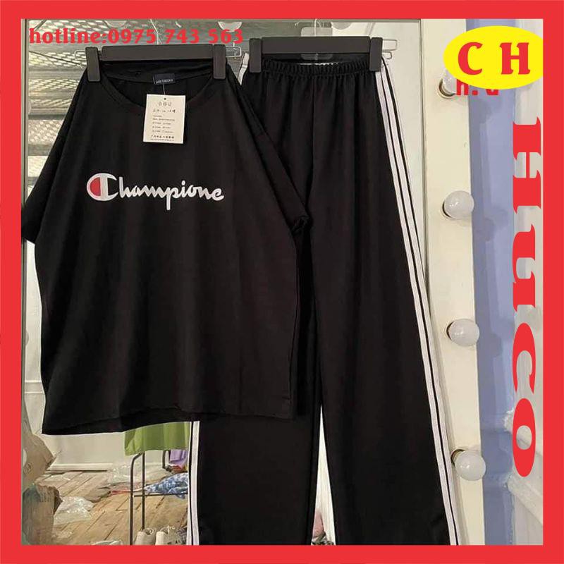 áo thun, phông hè ngắn tay champion chất cotton + quần ống rộng ba sọc, sét đồ bộ thể thao nam nữ rộng unisex freesize