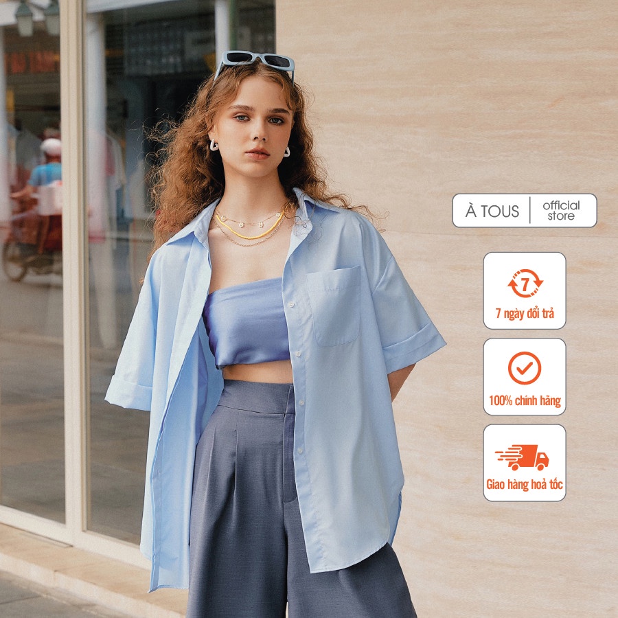 Áo sơ mi cộc tay ÀTOUS SKYE dáng dài chất vải mềm mịn phối màu trẻ trung hiện đại dễ phối đồ thích hợp đi làm, đi chơi