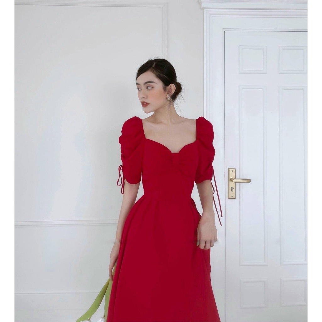 Đầm Đỏ Dự Tiệc Cổ Vuông Ty Fashion Tay Nhún Dây Rút SML | BigBuy360 - bigbuy360.vn