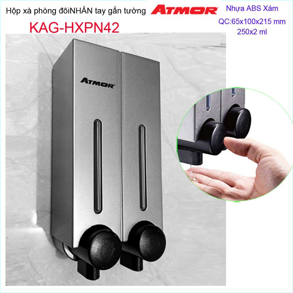 Hộp nhấn xà phòng đôi Atmor  KAG-HXPN42-Xám, hộp đựng xà bông 250ml x2 Dark grey nhấn êm thiết kế đẹp siêu bền