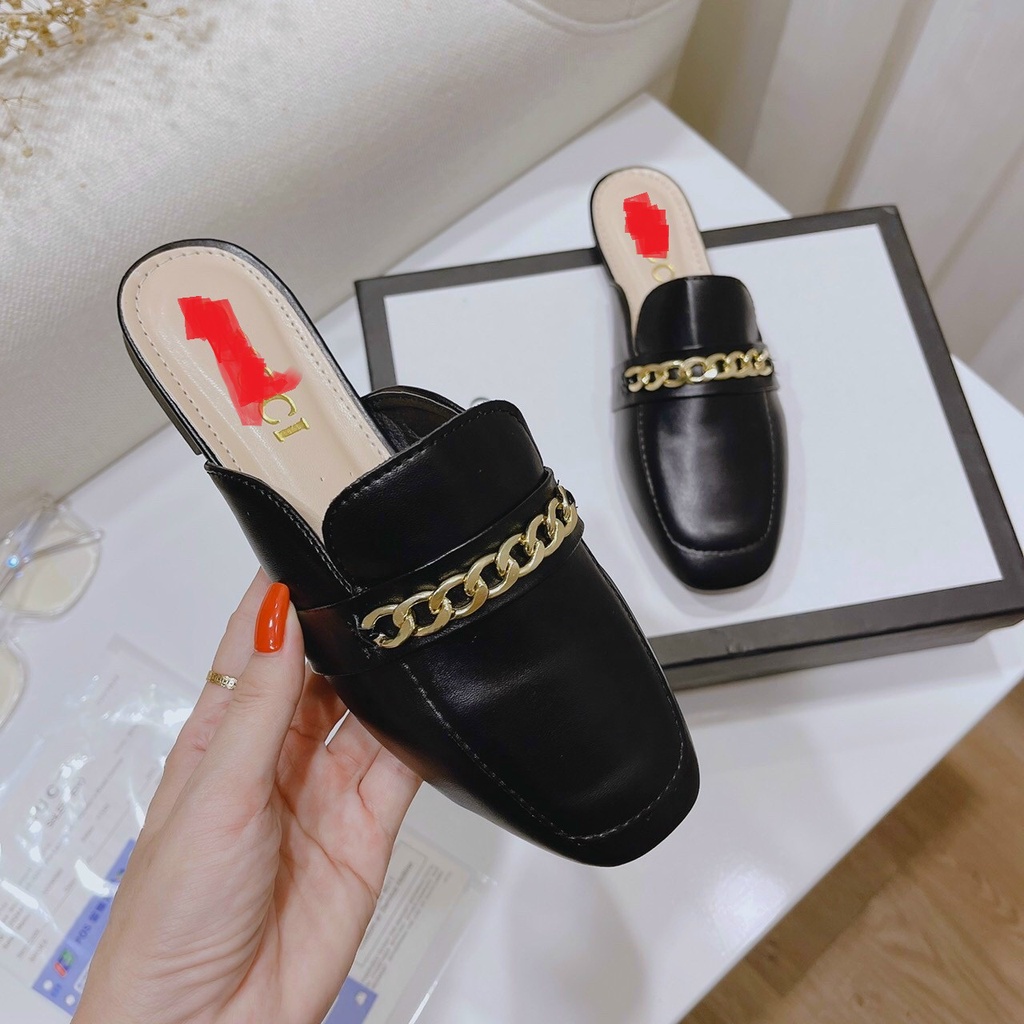HÀNG SẴN Dép nữ- sục nữ mũi vuông mix xích vàng 2 màu đen trắng phong cách