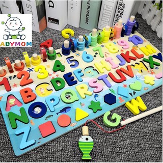 {FREESHIP} Bảng học chữ cái, đếm các chữ số, 10 bậc thang, thả hình kèm câu cá 6 in1, 5 in 1 và 4in 1 đồ chơi bằng gỗ