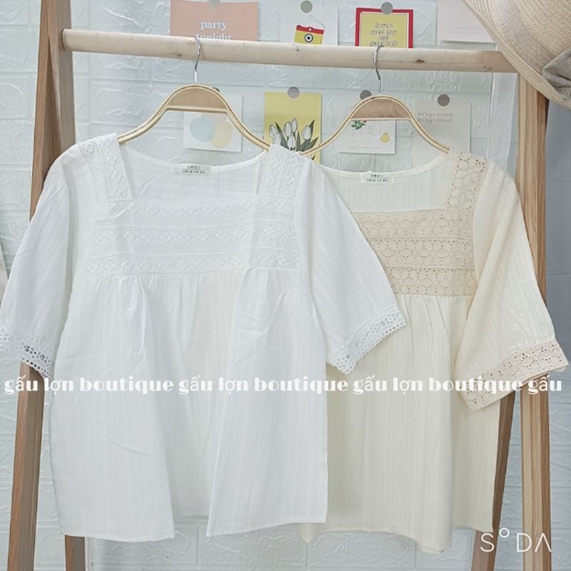 áo babydoll ren ngực cổ vuông cộc tay vintage ảnh thật