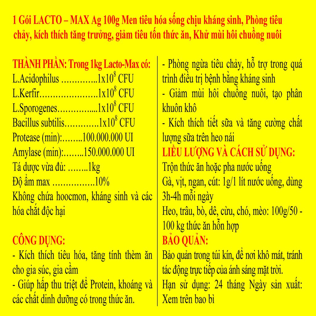 1 Gói LACTO–MAX Ag 100g Men tiêu hóa sống chịu kháng sinh, Phòng tiêu ch-ảy, kích thích tăng trưởng, giảm tiêu tốn thức