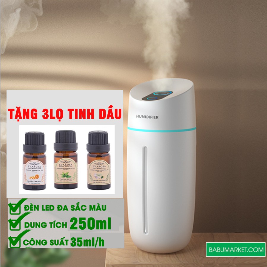 Máy tạo độ ẩm không khí, phun sương HUMIDIFIER, cổng cắm USB, Tặng kèm 3 lọ tinh dầu, Bảo Hành 6 Tháng Chính Hãng