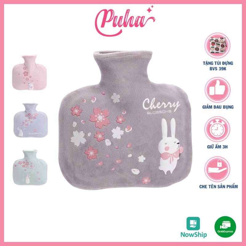 Túi chườm nóng đau bụng kinh PUHA 500ml, túi chườm ấm nóng sưởi bụng giảm đau cho nữ, Grey Cherry