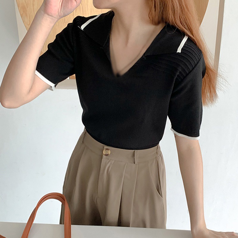 Áo Sweater Tay Ngắn Thiết Kế Đơn Giản Phong Cách Retro Cho Bạn Gái