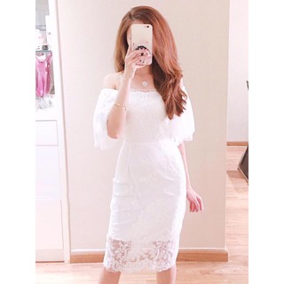 F303 - Đầm Ôm Body Trễ Vai Trắng Dự Tiệc