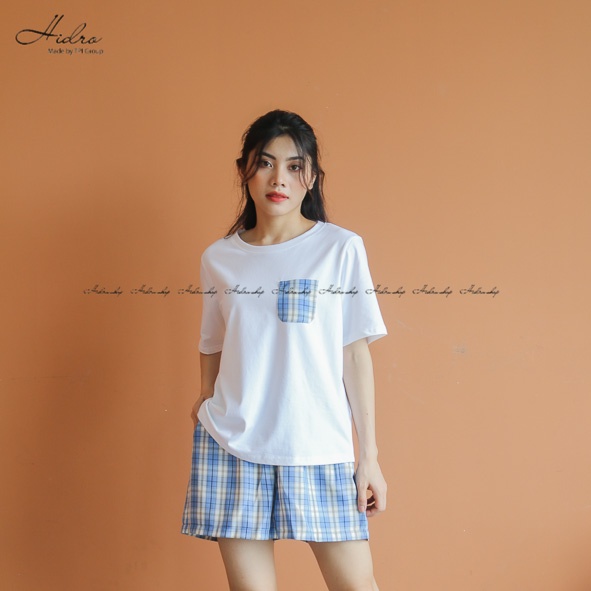 Bộ Ngủ Áo Phông Túi Phối Mix Quần Kẻ Caro Chất Cotton Siêu Mát