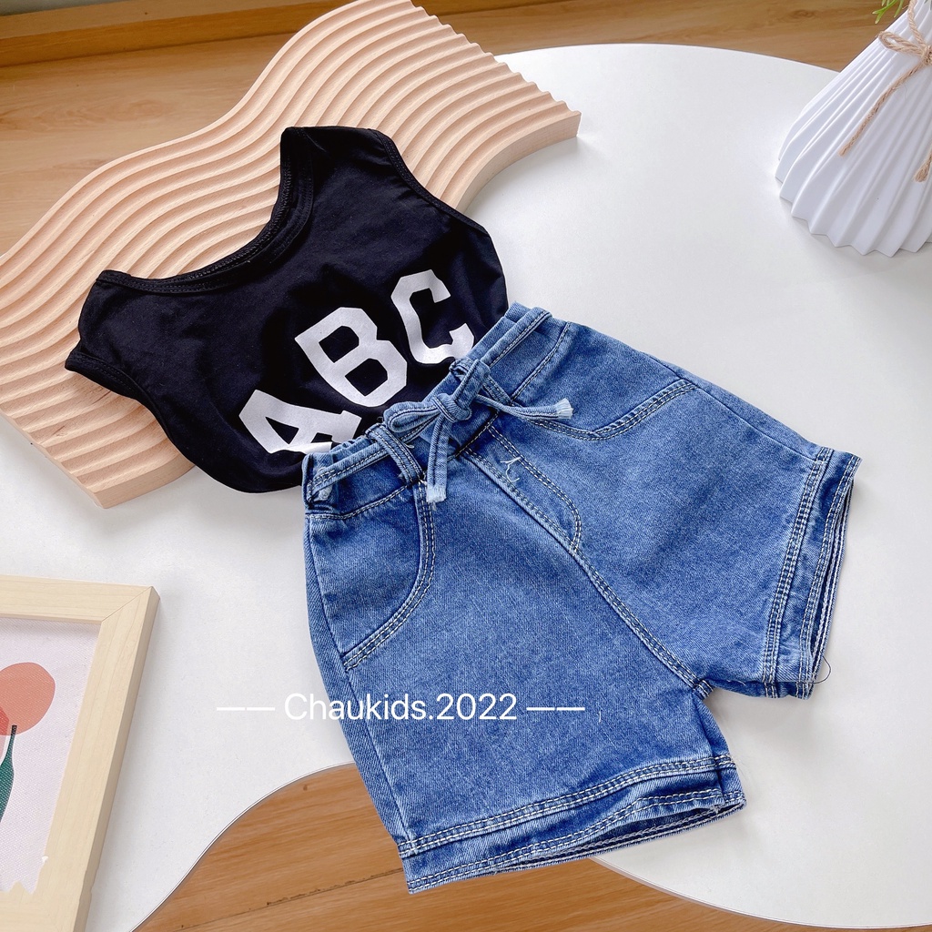 Bộ cộc tay bé gái, set bộ áo ba lỗ ABC kèm quần short Jean siêu cá tính cho bé