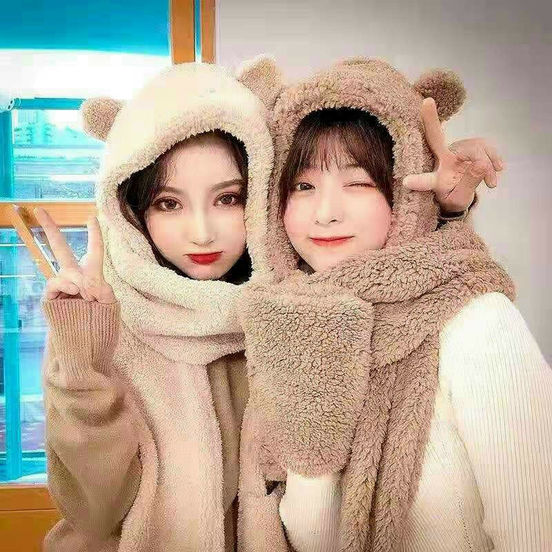 bộ khăn mũ găng tay 3in1, bộ khăn mũ gấu giữ ấm