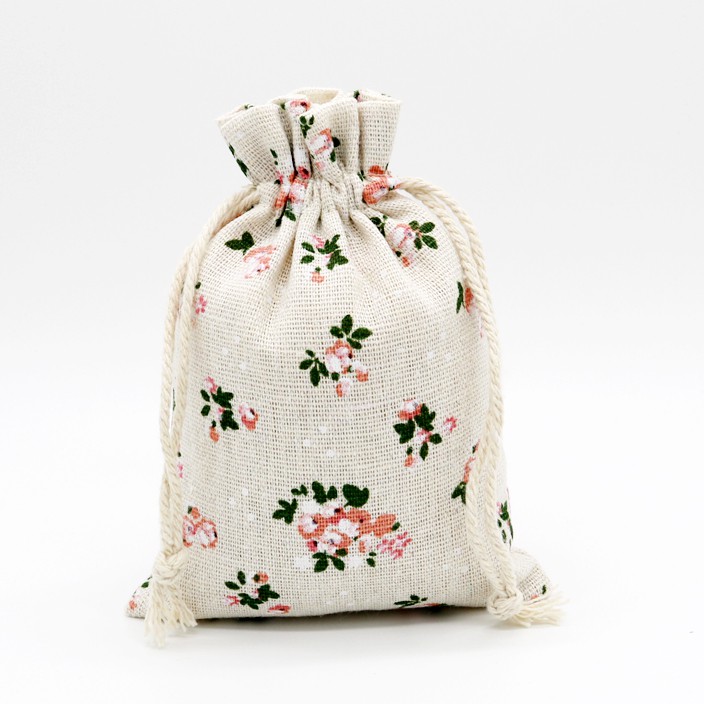 Túi vải bố linen mềm hoa hồng họa tiết vintage có dây rút kích thước 10x14cm - namimi