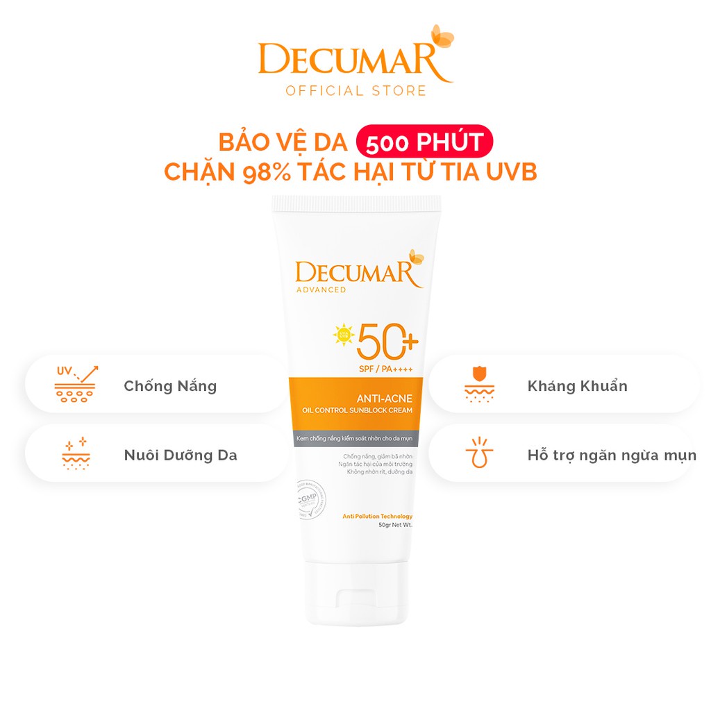 Kem Chống Nắng kiềm dầu nâng tone chuyên biệt cho da mụn Decumar Advanced Sunblock SPF50 (50gr)