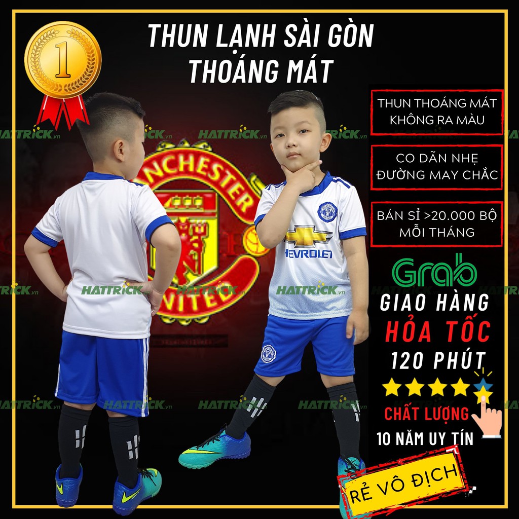 Đồ thể thao trẻ em Mu manchester trắng 2021 (11kg-41kg) thun Sài Gòn thoáng mát mềm mại, may chất lượng, xưởng bắng