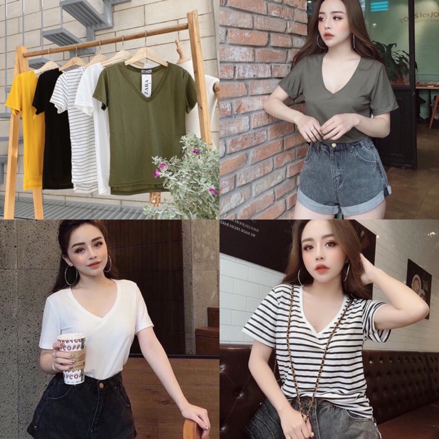 Áo thun nữ trơn cổ tim xẻ lai (100% ảnh thật)
