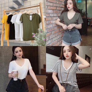 Áo thun nữ trơn cổ tim xẻ lai (100% ảnh thật)