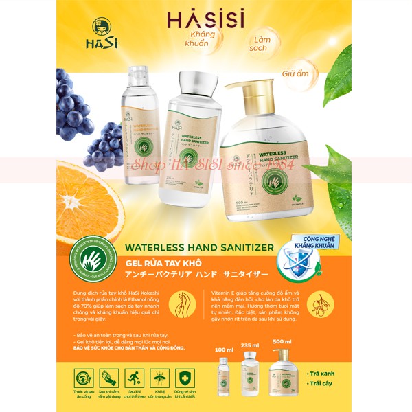 GEL RỬA TAY KHÔ KHÁNG KHUẨN HASI KOKESHI HƯƠNG TRÀ XANH - HƯƠNG TRÁI CÂY