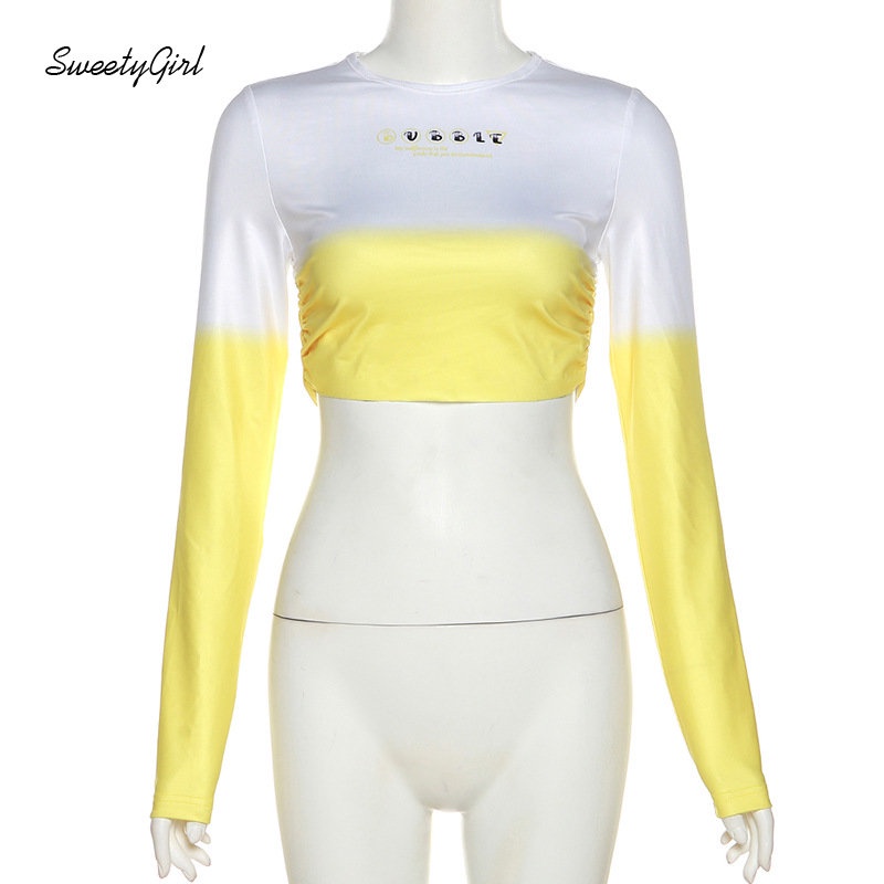 Áo Thun Crop Top Tay Dài Cổ Tròn Màu Vàng Tương Phản Thời Trang 2022 Quyến Rũ Cho Nữ