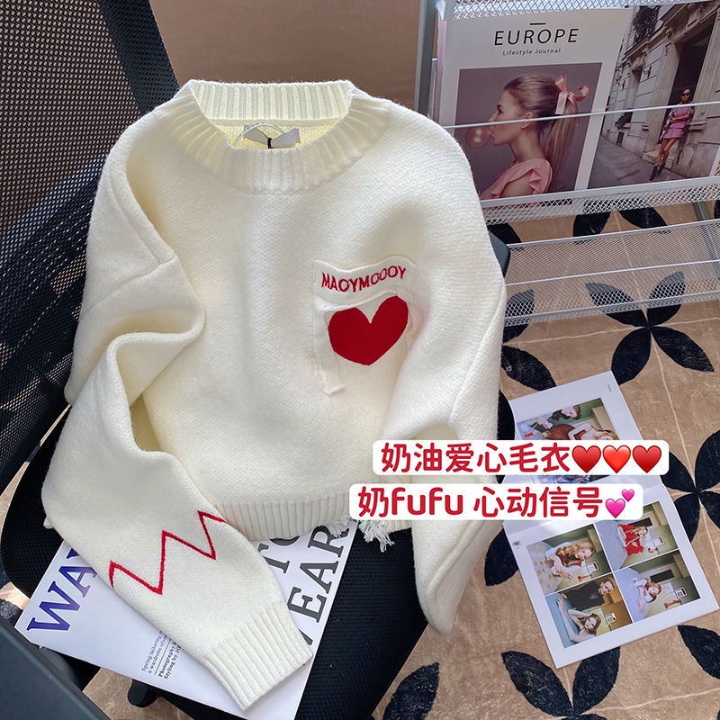 Áo Sweater Dáng Ngắn Thêu Hình Trái Tim Xinh Xắn  tao bao