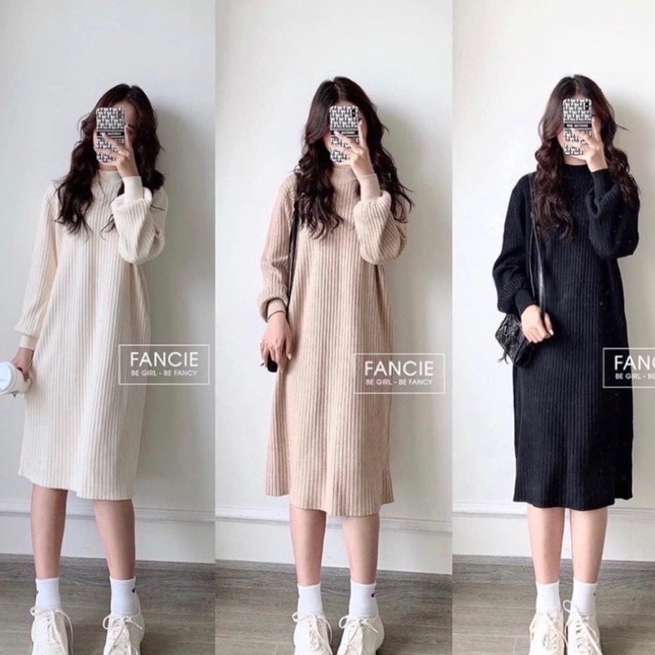 Váy len nữ tay bồng dáng xuông dài thời trang nhiều màu - Đầm len gân cổ tròn dáng dài quảng châu | BigBuy360 - bigbuy360.vn